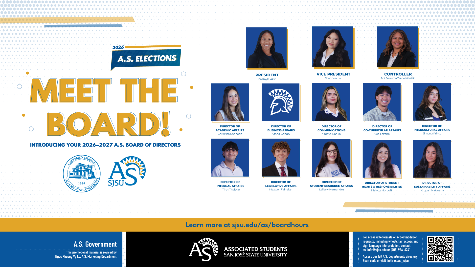 2026 A.S. Elections horizontal digital screen graphic titled 'Meet the Board! Introducing your 2026–2027 A.S. Board of Directors.' Features names, titles, and headshots of the elected Executive Officers and Directors for Associated Students at San Jose State University. Full directory text and contact info are provided on this page.