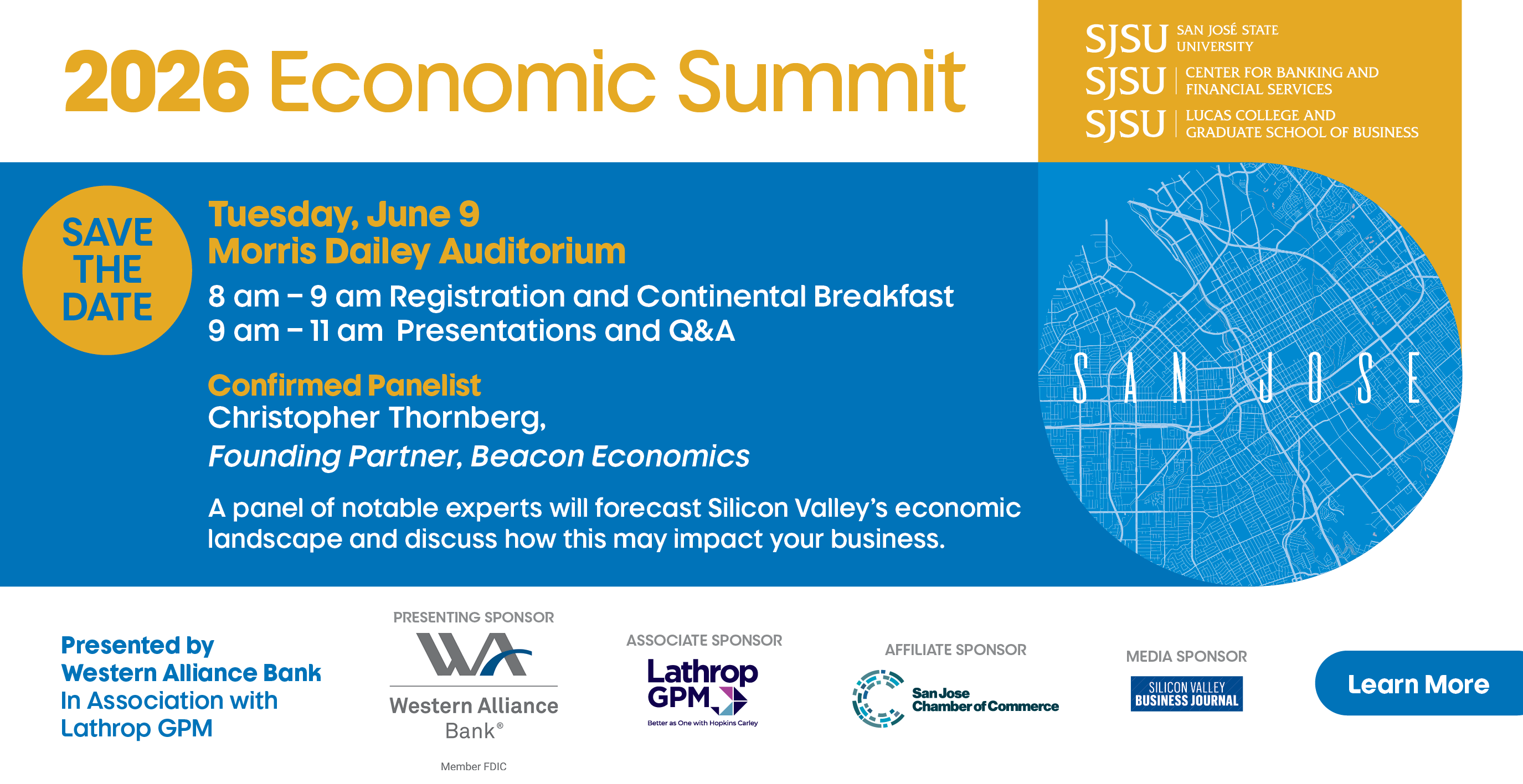 2026 Economic Summit poster with blue, gold, and white shapes and an aerial map of San Jose in a small circle. 