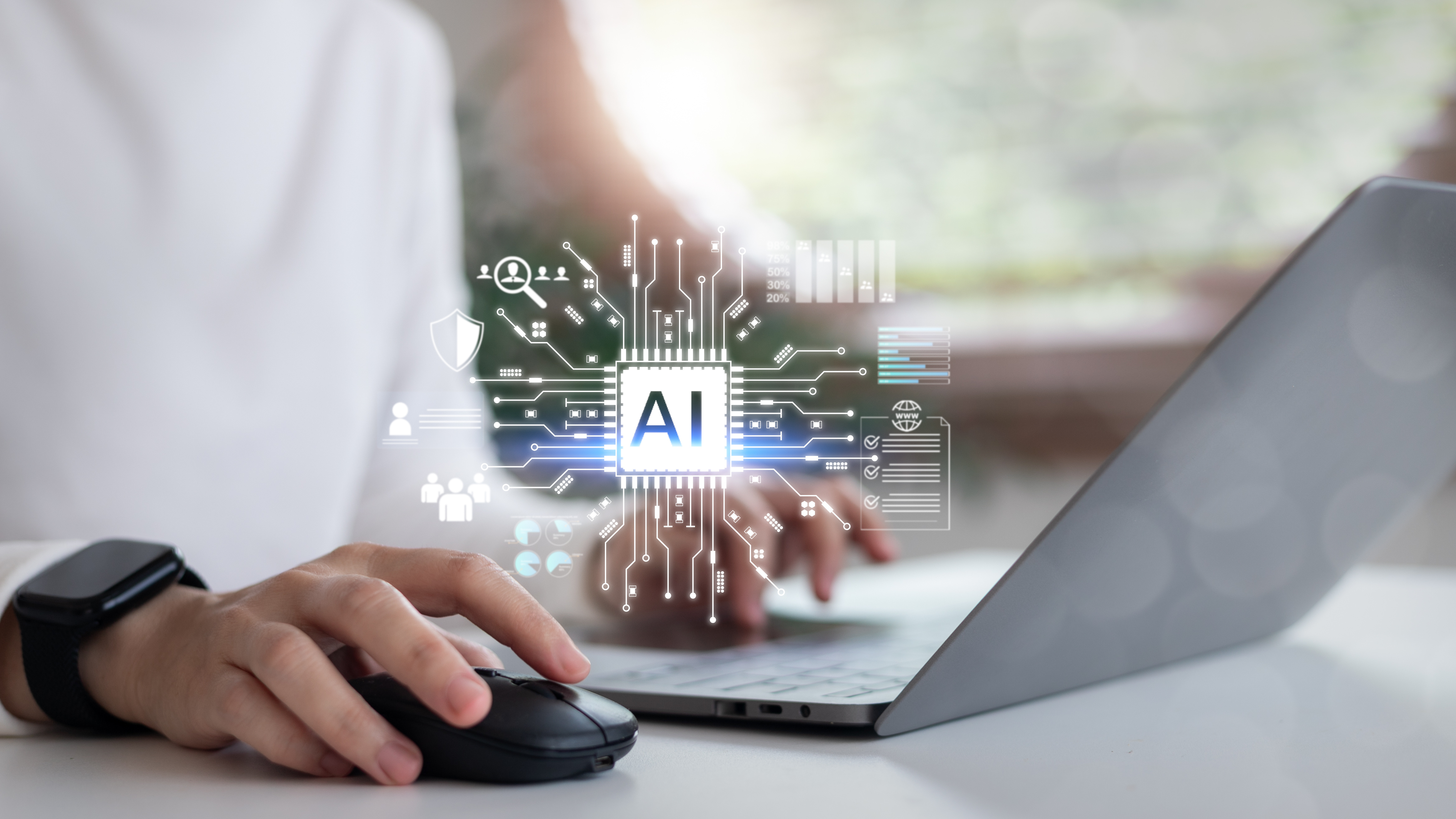 AI-powered technology for smart recruitment, online hiring, and candidate screening, with digital interface on laptop, concept of future HR innovation.