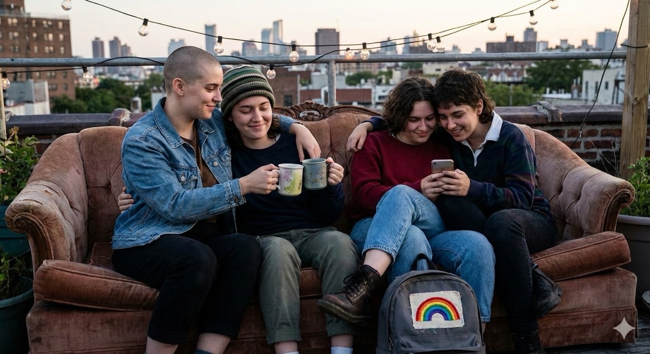 four teenagers sitting on a couch together smiling