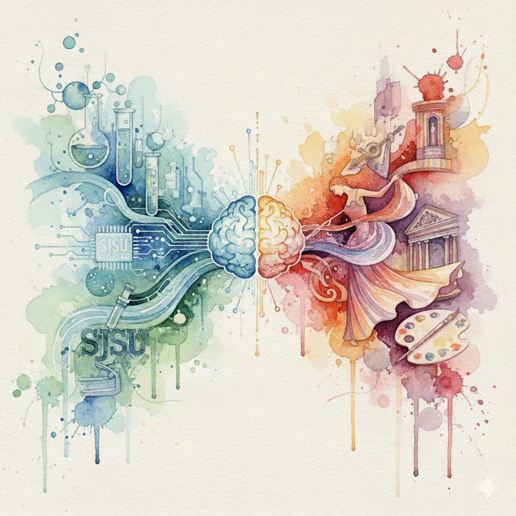 An artistic version of the right and left brin split apart.