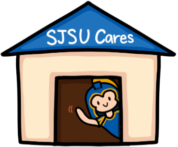 Illustration of a house with "SJSU Cares" written on roof, Sammy Spartan looking out the door and waving his arm.
