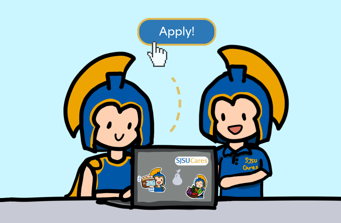 SJSU Cares Sammy helping Sammy apply on laptop